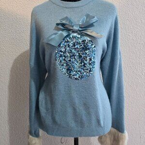 Holiday Time XXL Blue Sweater With Sequin Ornament & Faux Fur Cuffs